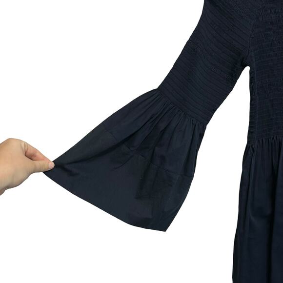 M. Patmos Stella Dress Women's Sz S Navy Cotton Smocked Bell Sleeve Boho Chic - Picture 5 of 6